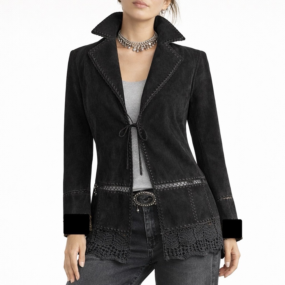 KENNETH COLE Suede Jacket Patchwork Crochet Long Tie Blazer Lined VTG Black 8